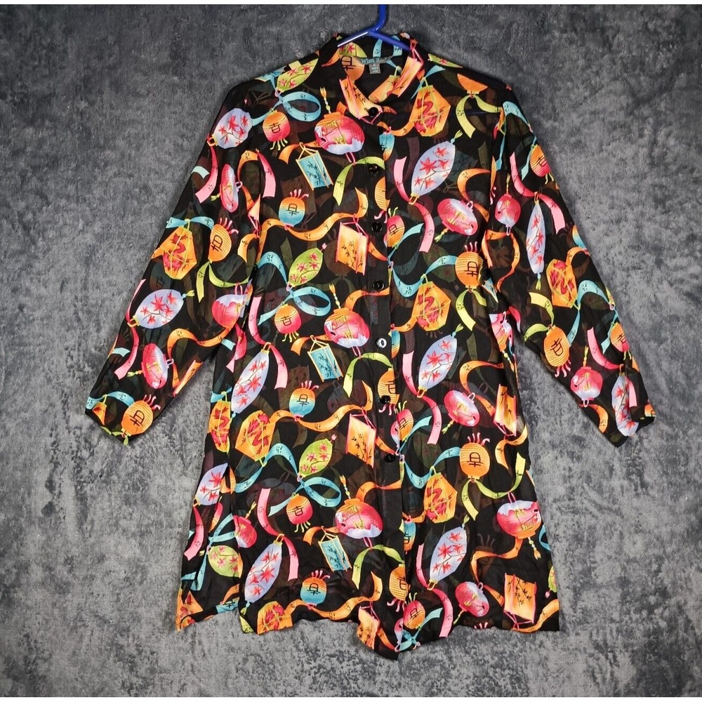 Chinese Lantern Print Top Women Medium Black Silk Asian Festive